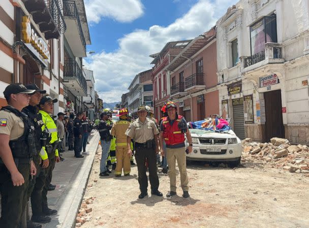 PHOTO: In this image posted to their Twitter account, Ecuador police look at damage from an earthquake, in Cuente, Ecuador, March 18, 2023. (@PoliciaEcuador/Twitter)