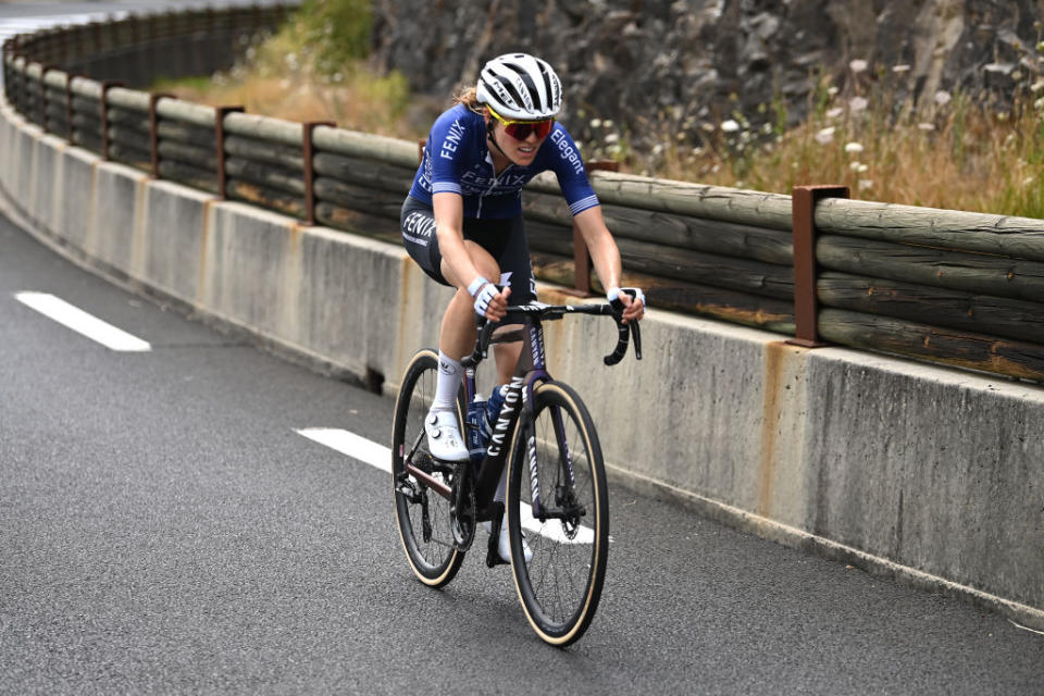 MAURIAC FRANCE  JULY 24 Julie Van De Velde of Belgium and Team FenixDeceuninck attacks during the 2nd Tour de France Femmes 2023 Stage 2 a 1517km stage from ClermontFerrand to Mauriac  UCIWWT  on July 24 2023 in Mauriac France Photo by Tim de WaeleGetty Images