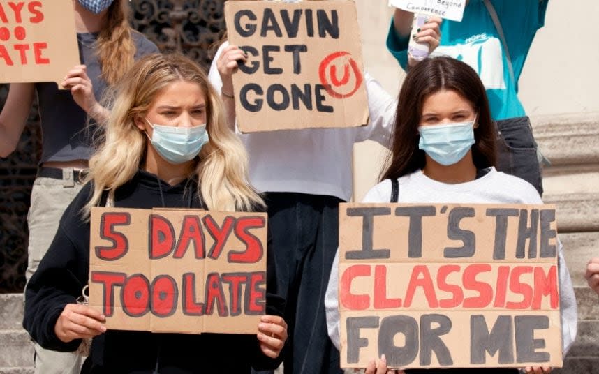 Students take part in a protest in Leeds yesterday despite the A-levels U-turn - Danny Lawson /PA