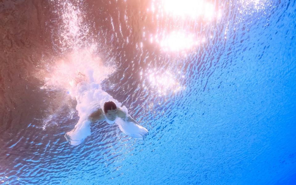 An underwater view shows China's Wang Zongyuan competing in the men's 3m springboard diving semi-final