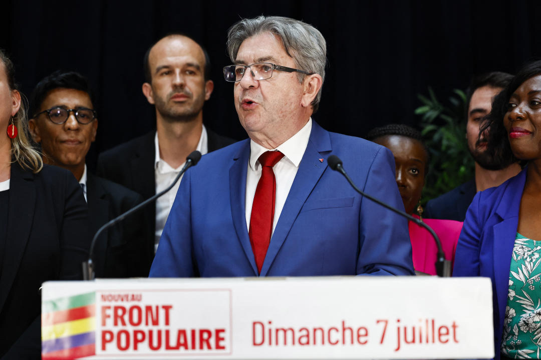 Founder of left-wing party La France Insoumise (LFI) Jean-Luc Melenchon delivers a speech during the election night of left-wing party La France Insoumise (LFI) following the first results of the second round of France's legislative election at La Rotonde Stalingrad in Paris on July 7, 2024. (Photo by Sameer Al-Doumy / AFP) (Photo by SAMEER AL-DOUMY/AFP via Getty Images)