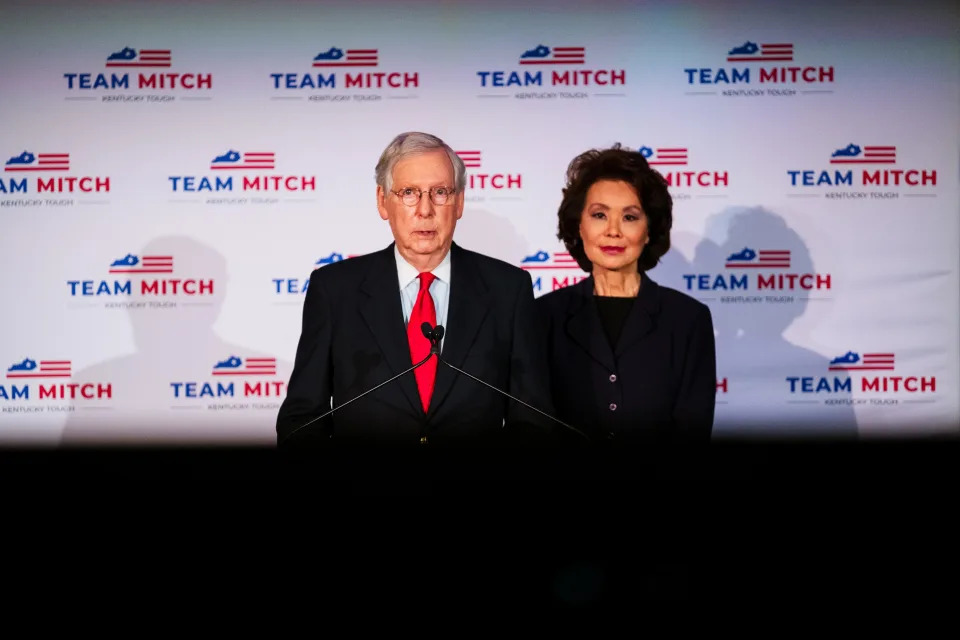 Senate Republican leader Mitch McConnell and his wife, former Labor and Transportation Secretary Elaine Chao, celebrate his reelection in 2020 in Louisville, Ky.