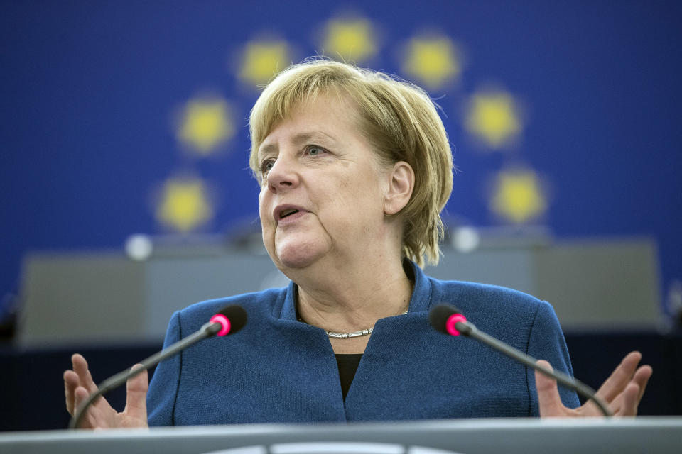 German Chancellor Angela Merkel debates the future of Europe with the members of the European Parliament, in Strasbourg, eastern France, Tuesday, Nov.13, 2018. (AP Photo/Jean-Francois Badias)