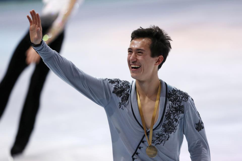 Patrick Chan of Canada reacts after winning the men's program at the ISU Bompard Trophy event at Bercy in Paris