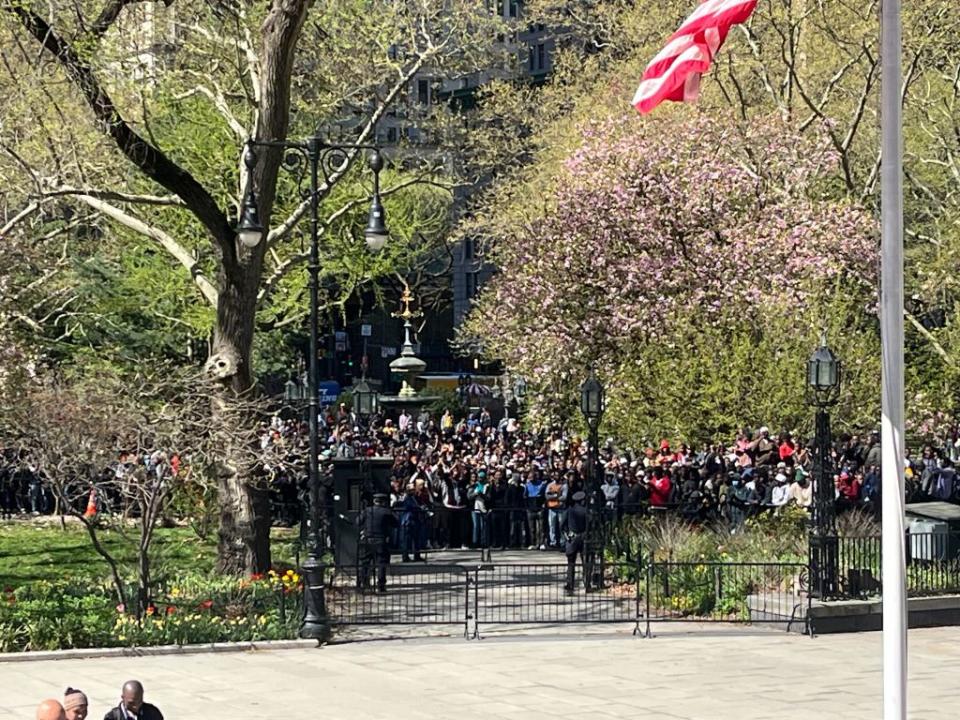 Those who could not get into the hearing gathered in a park across the street. Craig McCarthy