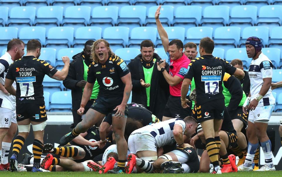 Wasps celebrate their semi-final victory - Further doubt cast on Wasps' presence in Gallagher Premiership final after four more positive coronavirus tests - GETTY IMAGES