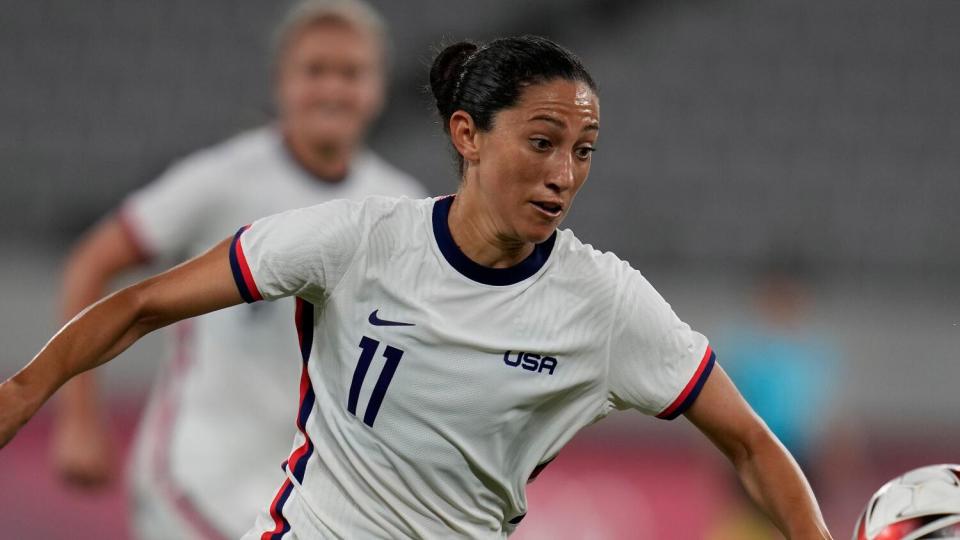 Christen Press controls the ball during a U.S. women's soccer match during the Tokyo Olympics in July 2021.