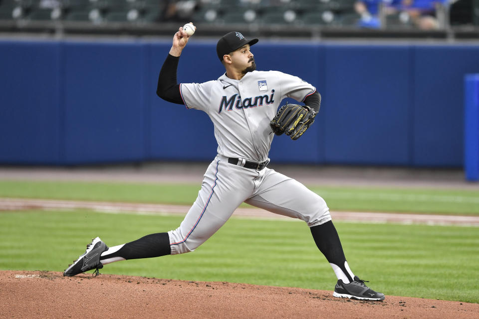 Miami Marlins starting pitcher Pablo Lopez throws to a Toronto Blue Jays batter during the first inning of a baseball game in Buffalo, N.Y., Wednesday, June 2, 2021. (AP Photo/Adrian Kraus)