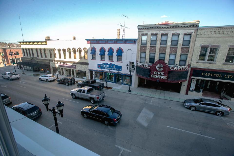 FILE - A view of downtown Manitowoc from an apartment at the Historic Schuette Building in March 2021.