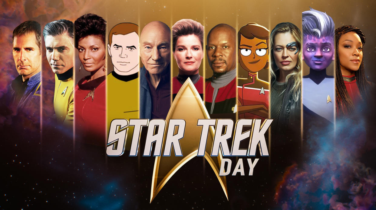   Promotional art from 'Star Trek' Day depicting many of the captains and characters from throughout the franchise's history. 