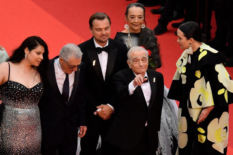 Cara Jade Myers, Robert De Niro, Leonardo DiCaprio, Tantoo Cardinal, Martin Scorsese, and Lily Gladstone