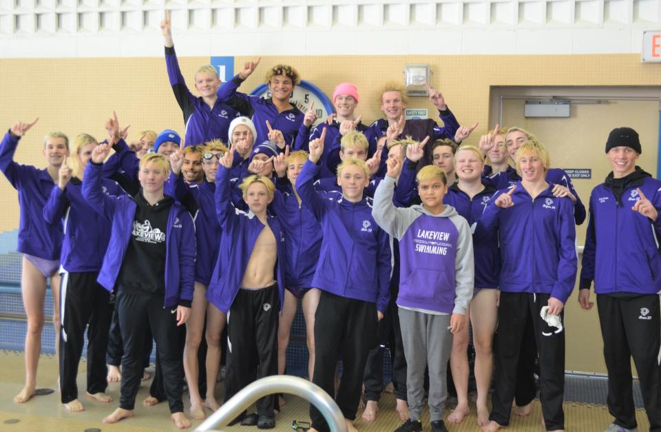 Lakeview celebrates winning the 2022 All-City Boys Swimming and Diving Meet.