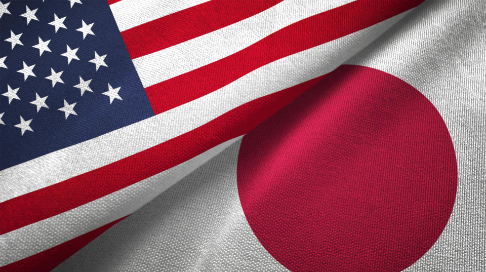 Japan and United States flags together realtions textile cloth fabric texture