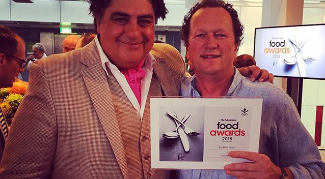 Food critic Matt Preston, left, pictured with Victory Hotel owner Doug Govan, right. Photo: Instagram/Victory Hotel