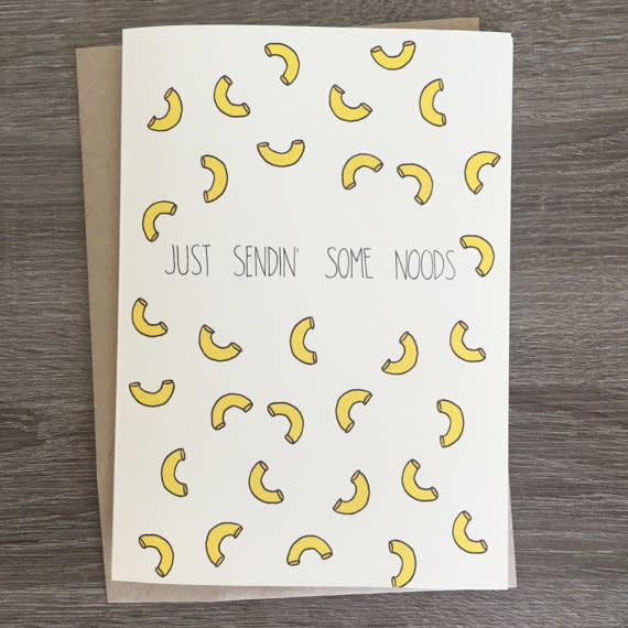 <i>Buy it from <a href="https://www.etsy.com/listing/492457182/sendin-noods-funny-love-card-punny-love?ref=shop_home_active_2" target="_blank">fineasslines on Etsy</a>&nbsp;for&nbsp;$5</i>