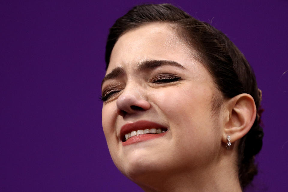 <p>Silver medal winner Evgenia Medvedeva of Olympic Athlete from Russia reacts after competing during the Ladies Single Skating Free Skating on day fourteen of the PyeongChang 2018 Winter Olympic Games at Gangneung Ice Arena on February 23, 2018 in Gangneung, South Korea. (Photo by Maddie Meyer/Getty Images) </p>