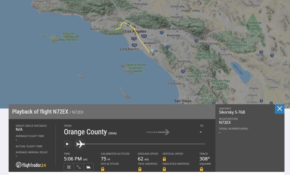 This shows the path of the helicopter carrying Kobe Bryant (flightradar24)