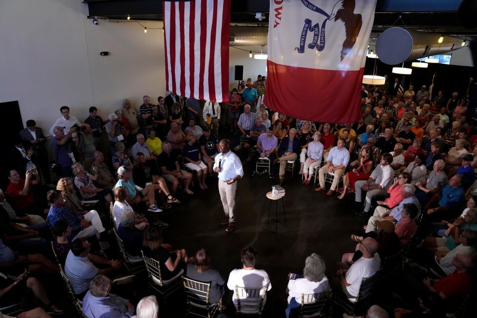 Republican presidential candidate Sen. Tim Scott, R-S.C., speaks during a town hall meeting, Thursday, July 27, 2023, in Ankeny, Iowa.