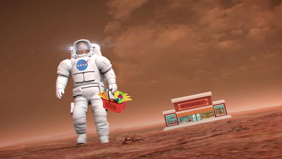 An animation of Alton Brown as an astronaut on Mars carrying a basket of food away from a gorcery store