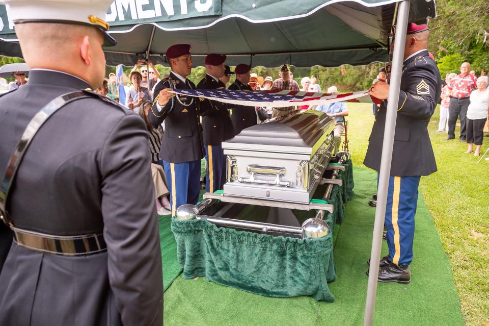 Military honor guard funeral for Pvt. Hillary Soileau at Cedar Hill Cemetery in Washington, LA. 79 years after being declared missing in action during a battle on Guadalcanal January 10, 1943. Saturday, May 21, 2022.