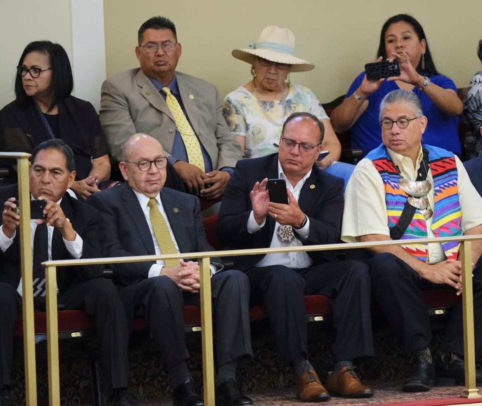 Muscogee Nation Principal Chief David Hill, front row, right, Chickasaw Nation Gov. Bill Anoatubby, Choctaw Nation Chief Gary Batton and Seminole Nation Chief Lewis Johnson, watch the final vote count on Monday after the Oklahoma Senate voted to override Gov. Kevin Stitt and extend certain state-tribal compacts.