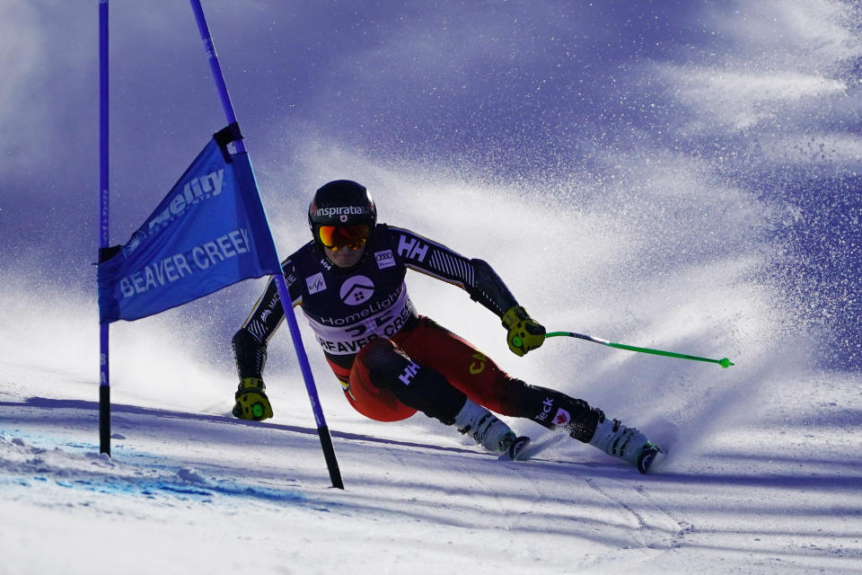 Canada's Broderick Thompson competes during a men's World Cup super-G skiing race Thursday, Dec. 2, 2021, in Beaver Creek, Colo. (AP Photo/Robert F. Bukaty)