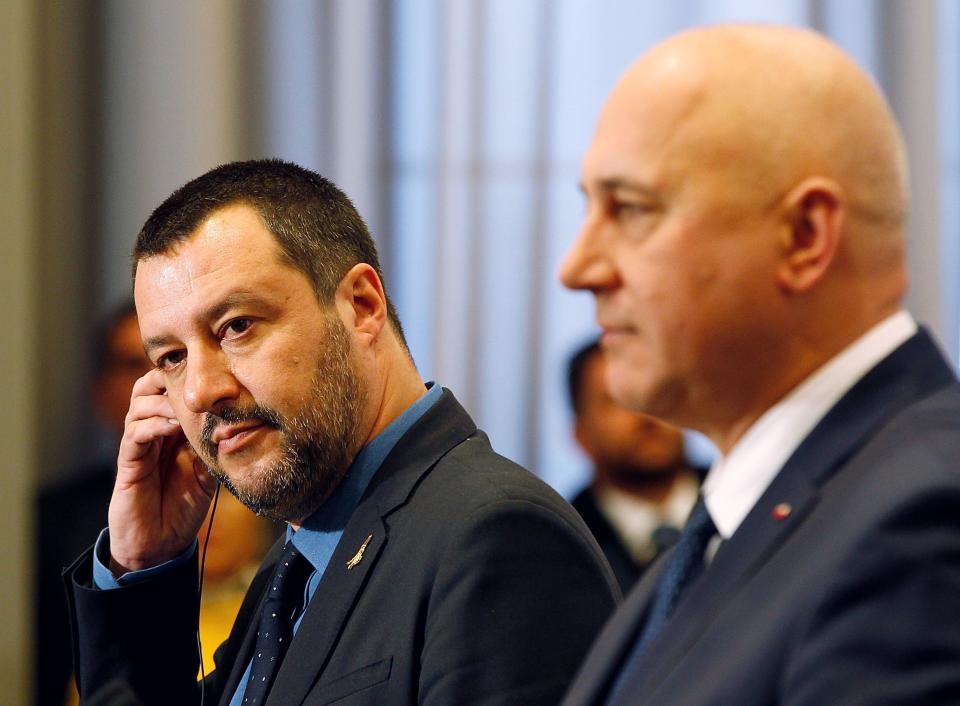 Italian Interior Minister Matteo Salvini, left, and his Polish counterpart Joachim Brudzinski, right, address the media following their talks in Warsaw, Poland, Wednesday, Jan. 9, 2019. Salvini's visit is seen as sounding out a possible alliance with Poland's ruling EU-skeptic party ahead of spring elections for the European Parliament. (AP Photo/Czarek Sokolowski)