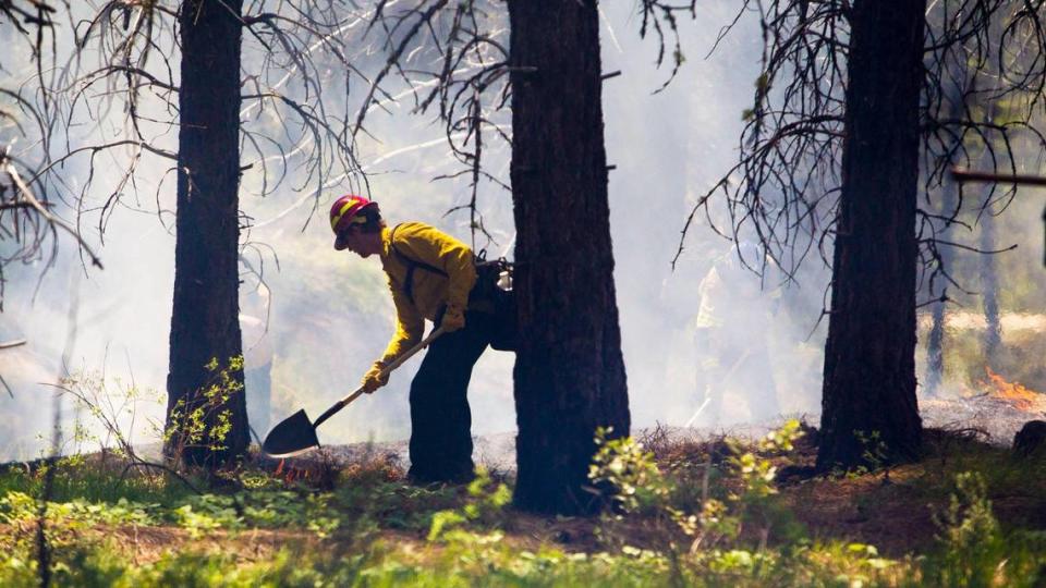 Firefighters suppress a hot spot during a 2021 practice burn that gave real experience to students enrolled in Southwest Idaho Fire Training (SWIFT) near Idaho City. Multiple firefighting agencies partner to fight wildfires, but federal agencies this year pulled out of wildland-urban interface areas, leaving them primarily to the Idaho Department of Lands.