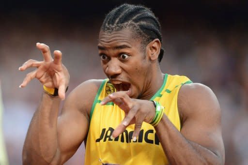 Jamaica's Yohan Blake gestures prior to competing in the men's 200m semi-finals at the athletics event of the London 2012 Olympic Games in London