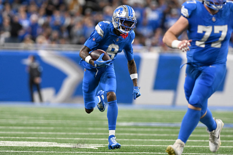 Sep 8, 2024; Detroit, Michigan, USA; Detroit Lions wide receiver Jameson Williams (9) runs upfield after catching a pass against the Los Angeles Rams in the second quarter at Ford Field. Mandatory Credit: Lon Horwedel-Imagn Images