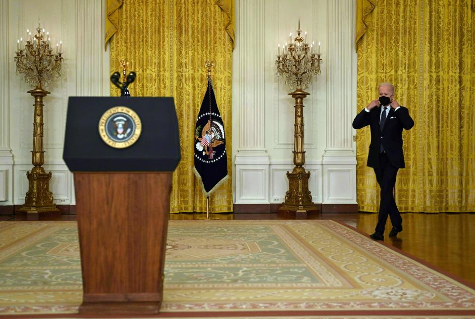 US President Joe Biden arrives to deliver remarks on Russia and Ukraine in the East Room of the White House on February 15, 2022 in Washington, DC.