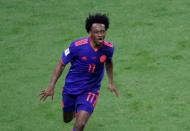 Soccer Football - World Cup - Group H - Poland vs Colombia - Kazan Arena, Kazan, Russia - June 24, 2018 Colombia's Juan Cuadrado celebrates scoring their third goal REUTERS/Jorge Silva