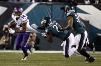 <p>Minnesota Vikings’ Stefon Diggs is stopped by Philadelphia Eagles’ Malcolm Jenkins during the first half of the NFL football NFC championship game Sunday, Jan. 21, 2018, in Philadelphia. (AP Photo/Patrick Semansky) </p>