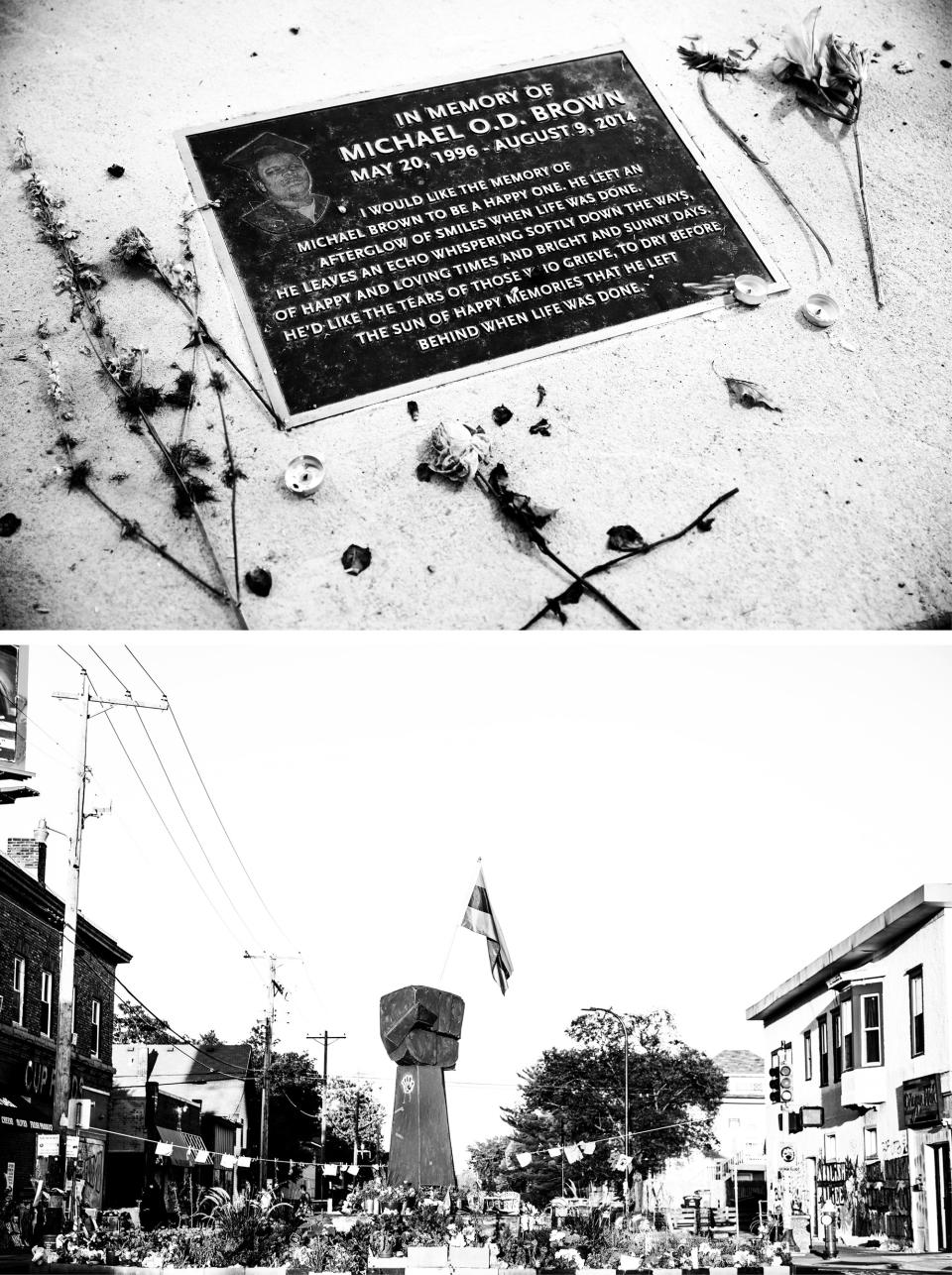 Top: A memorial in memory of Michael Brown in Ferguson, Mo. Bottom: The George Floyd memorial and surrounding area where George Floyd was killed in Minneapolis, Minn.