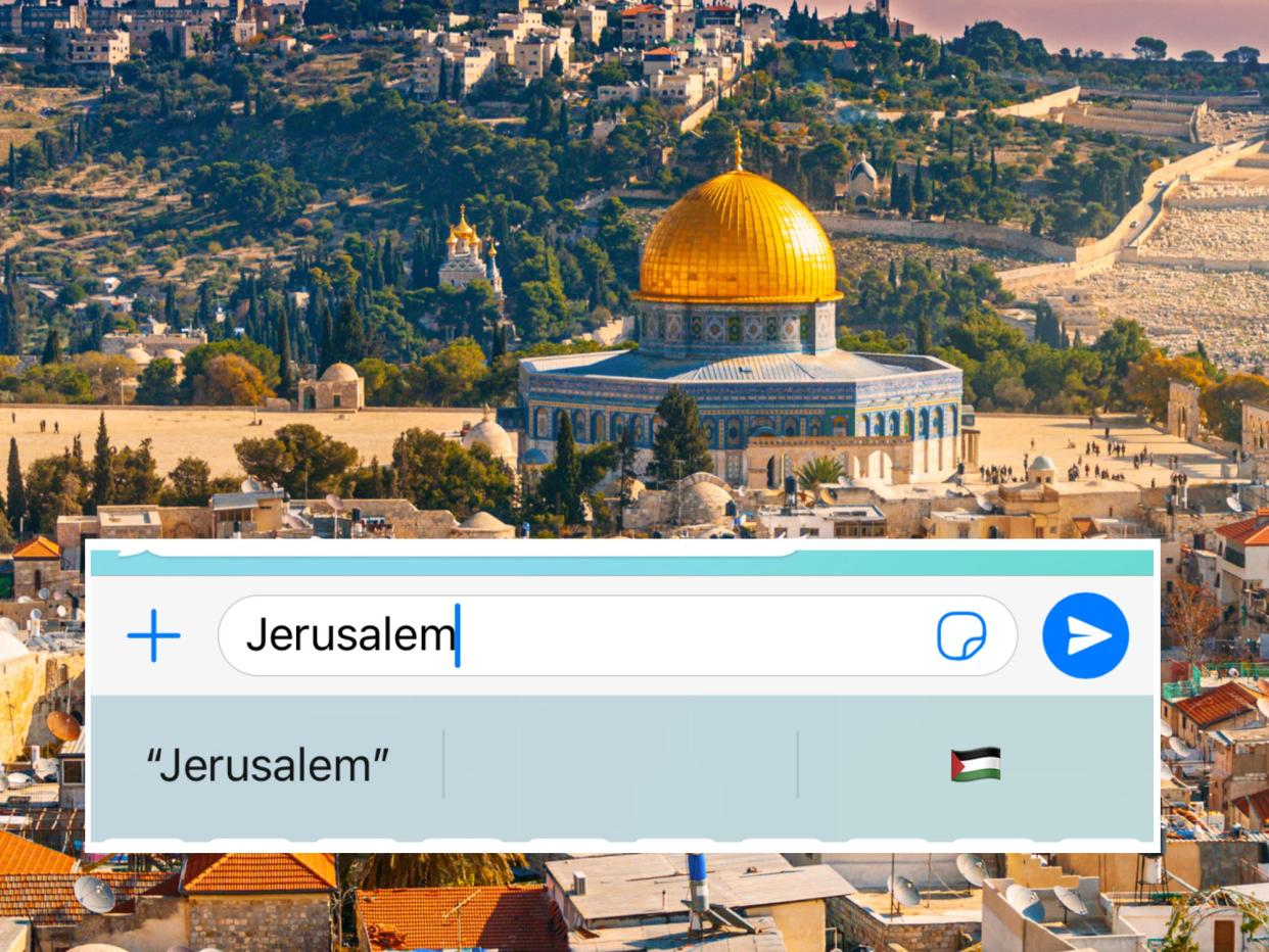 The predictive emoji result on an iPhone after typing "Jerusalem," superimposed on an image of the Old City.