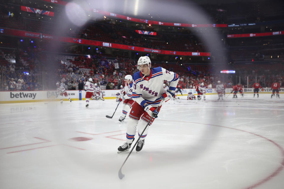 New York Rangers center Matt Rempe warms up in Game 4 of an NHL hockey Stanley Cup first-round playoff series against the Washington Capitals, Sunday, April 28, 2024, in Washington. (AP Photo/Tom Brenner)