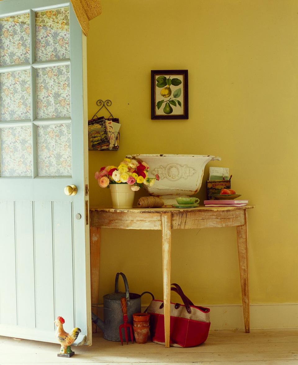 <p>If your door has large windows, line the backs with colorful fall-friendly wallpaper. </p>