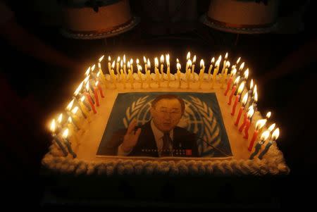 A cake with an image of United Nations Secretary-General Ban Ki-moon is seen on a cake to celebrate his 70th birthday during an event organized by Bolivia's President Evo Morales in El Torno, near Santa Cruz de la Sierra, June 13, 2014. REUTERS/David Mercado