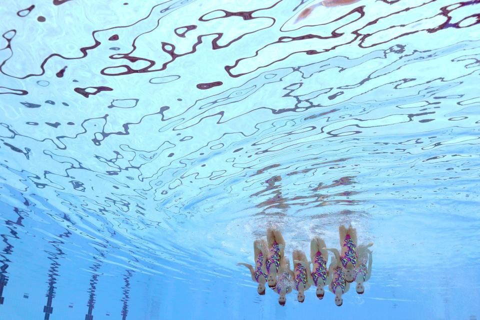 Team Canada competes in the artistic swimming team technical routine at the Tokyo Olympics.