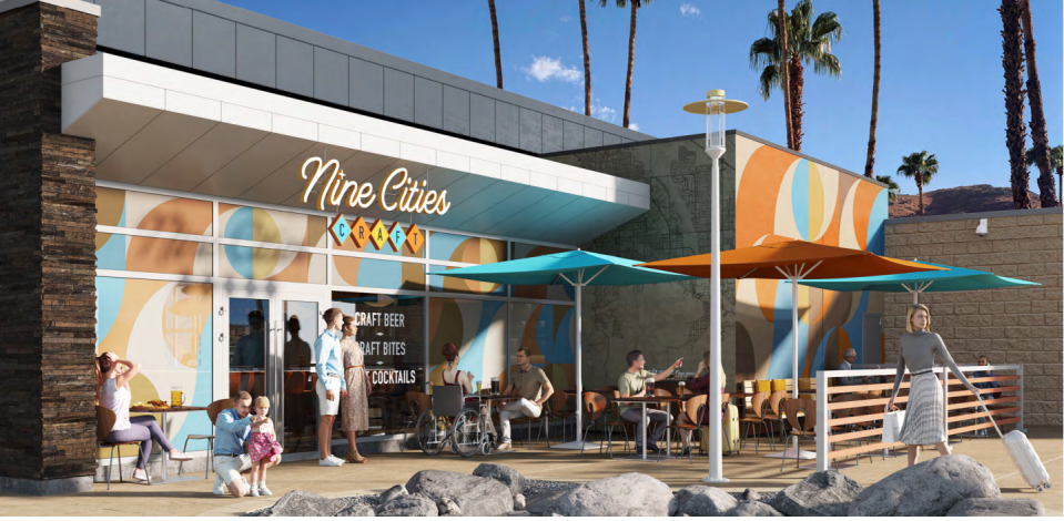 A rendering of the patio of Nine Cities, a planned craft beer bar at Palm Springs International Airport.