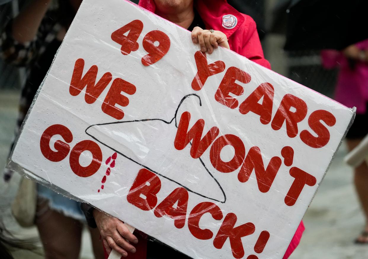 Tue., May 3, 2022; Columbus, Ohio, USA; An abortion rights supporter holds a sign in protest near the Supreme Court of Ohio. The protest comes a day after the leak of a U.S. Supreme Court draft decision overturning Roe v. Wade. The 1973 landmark ruling protects a woman's right to choose to have an abortion. About 75 people stood outside protesting as heavy rail fell, which grew to about 150 within an hour. Mandatory Credit: Joshua A. Bickel/Columbus Dispatch