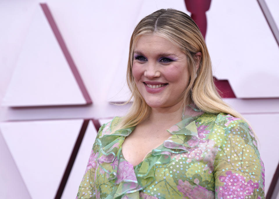 Emerald Fennell arrives at the Oscars on Sunday, April 25, 2021, at Union Station in Los Angeles. (AP Photo/Chris Pizzello, Pool)