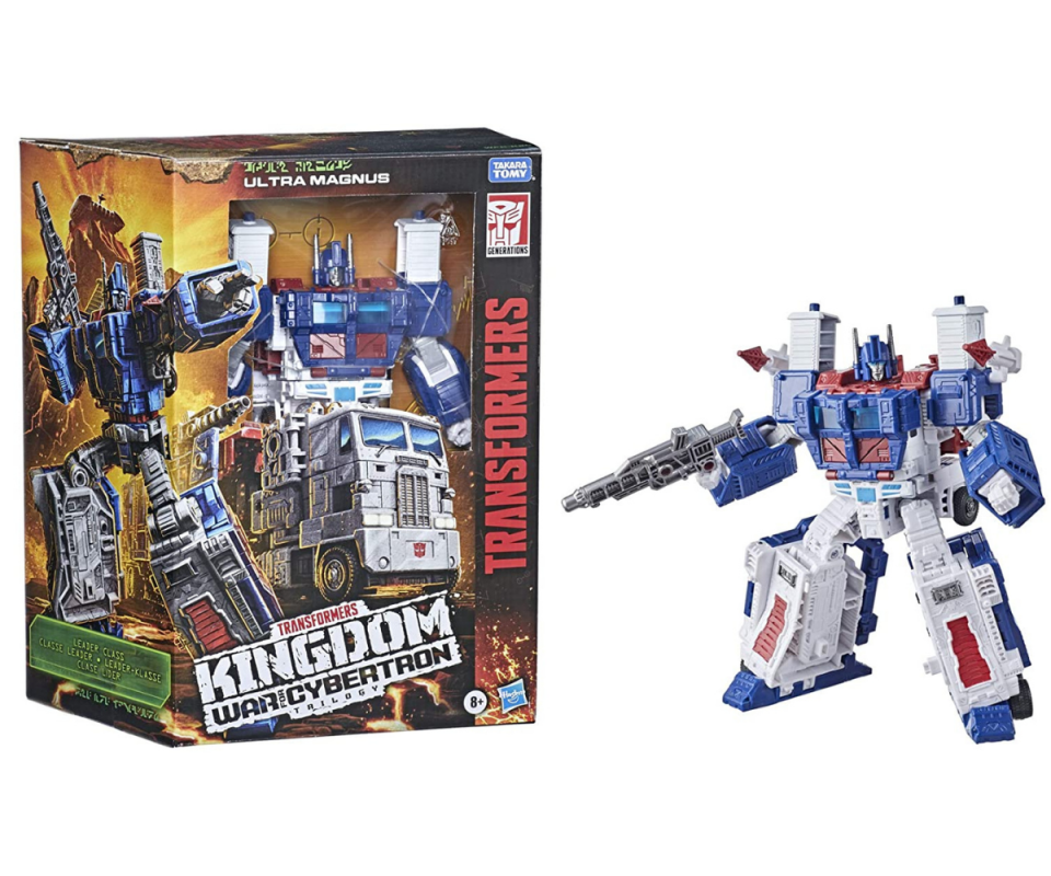 A box of the Ultra Magnus Transformer in blue and white with the action figure on the right of the box on a white background.