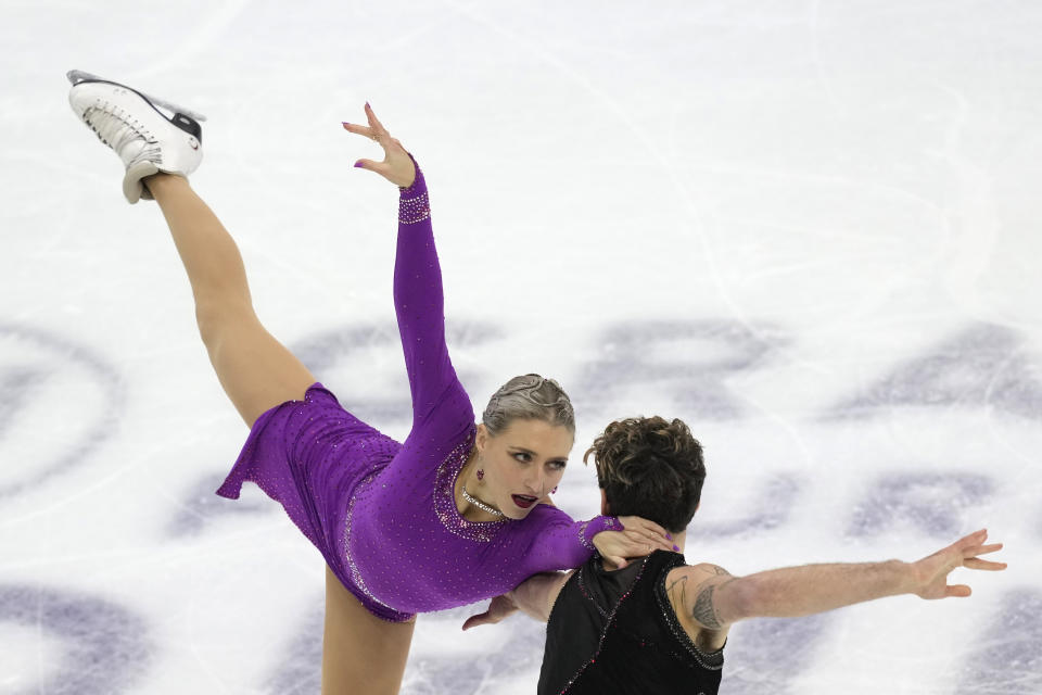 Canada's Piper Gilles and Paul Poirier compete during the Ice Dance Rhythm Dance at the figure skating Grand Prix finals at the Palavela ice arena, in Turin, Italy, Friday, Dec. 9, 2022. (AP Photo/Antonio Calanni)