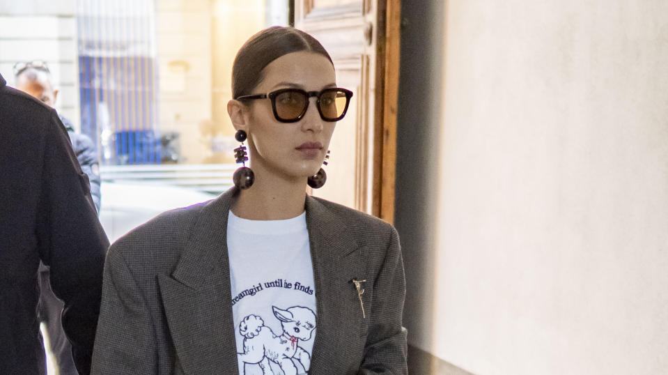 Bella Hadid is seen during Milan Fashion Week Fall/Winter 2020-2021 on February 21, 2020 in Milan, Italy. (Getty Images)