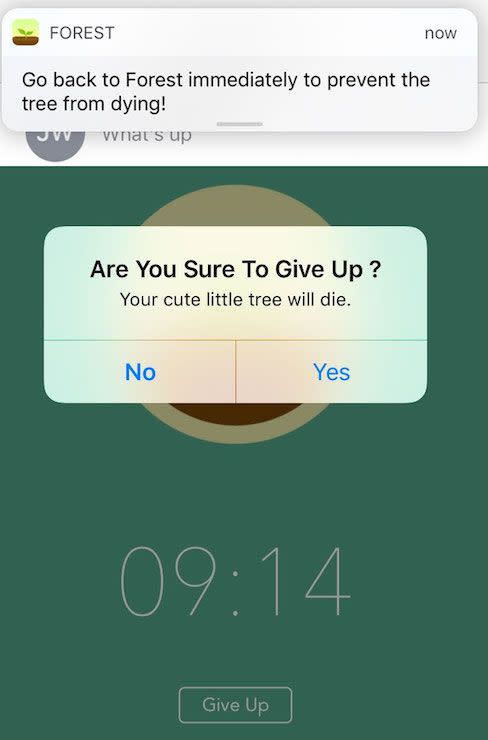 Screenshots of Forest push notification and 'Give Up' button