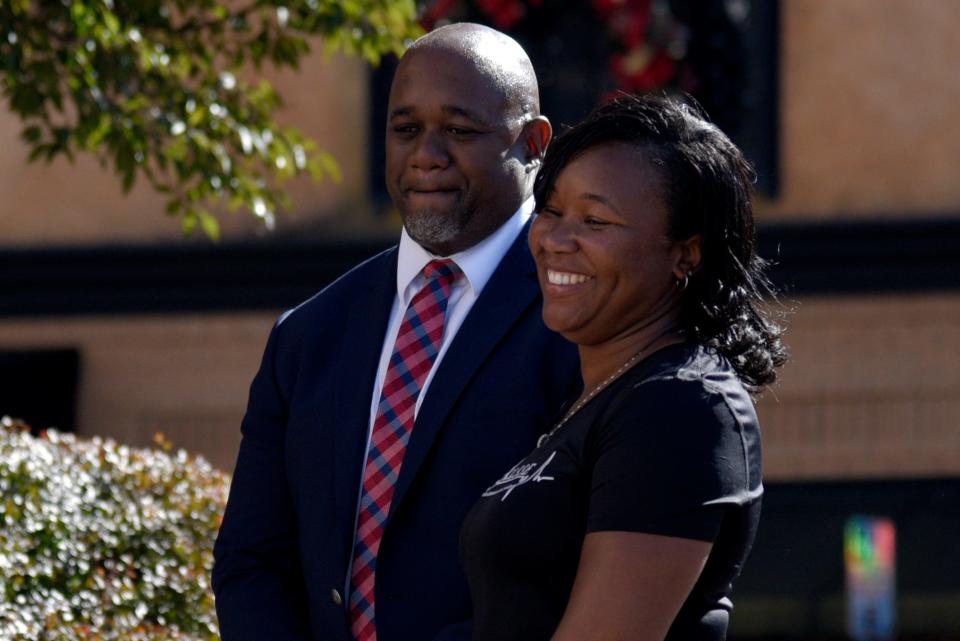 Garyn Nathan, left, and Shante Middleton during a press conference for social services on Thursday, October 26, 2023 outside borough hall in Red Bank, New Jersey. Nathan and Middleton are the founders of P.U.L.S.S.E., which the borough hired with funds from its opioid settlement agreement to assist the police when social services are needed.