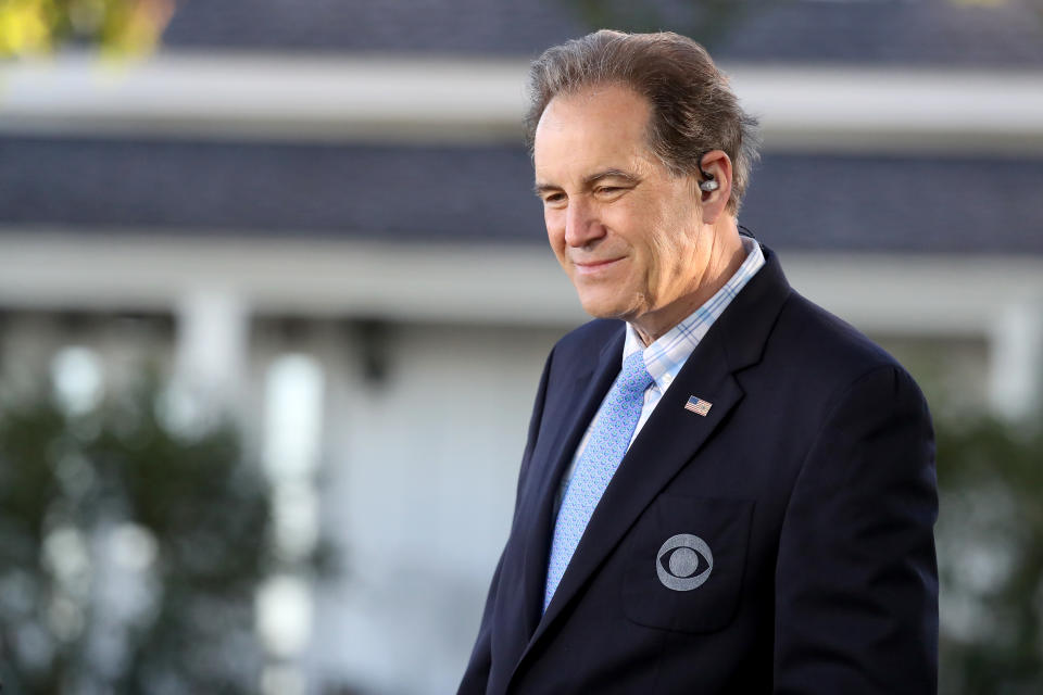 Jim Nantz, CBS Sportscaster, is seen on set during the first round of the 2017 Masters Tournament at Augusta National Golf Club on April 6, 2017, in Augusta, Georgia. (Photo by Rob Carr/Getty Images)