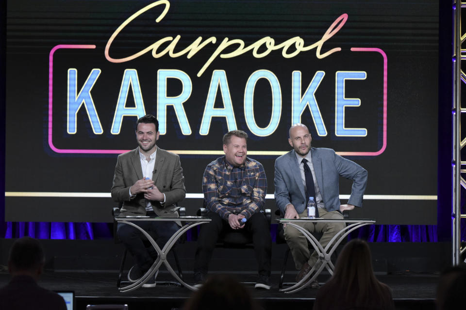 Ben Winston, from left, James Corden and Eric Pankowski attend "Carpool Karaoke (series for Apple Music)" panel at The CBS portion of the 2017 Winter Television Critics Association press tour on Monday, Jan. 9, 2017, in Pasadena, Calif. (Photo by Richard Shotwell/Invision/AP)