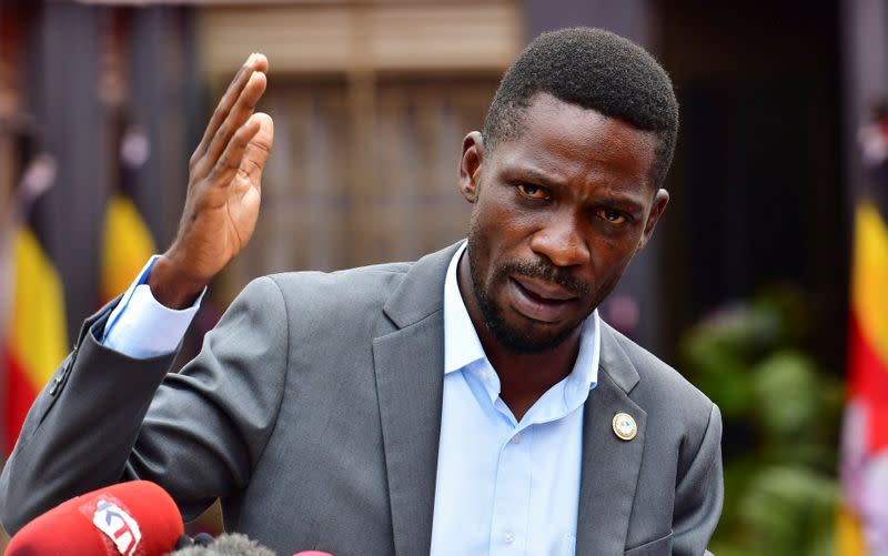 Ugandan opposition leader and singer Robert Kyagulanyi Ssentamu, known as Bobi Wine addresses a news conference in Kampala